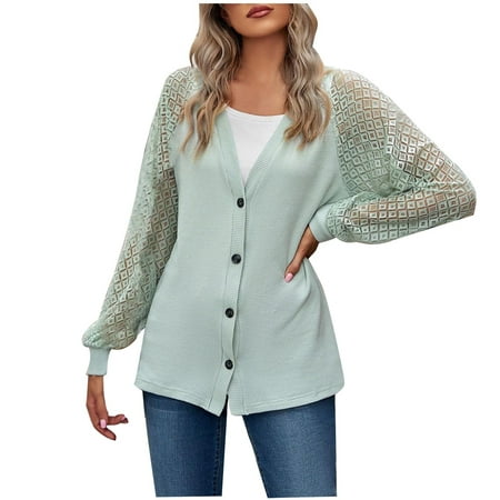 EDHITNR Cardigan for Women Long Sleeve Solid Color Cardigan Loose Button Lace Patchwork Cardigan Top Mint Green 2XL # Best Deals Today