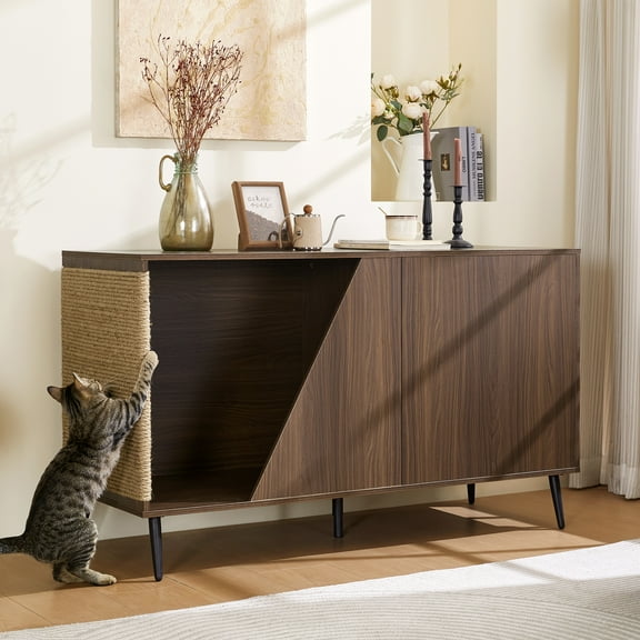HSUNNS Cat Furniture 2 IN 1 Modern Walnut Cabinet Side Table With Spring-Loaded Door, Cat Litter Box Enclosure with Sisal Cat Scatcher