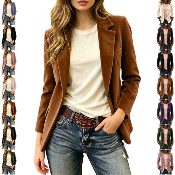 Yyeselk Women's Corduroy Blazer Business Casual Lightweight Suit Long Sleeve Lapel Collar Slim Fit Work Office Jacket with Pockets Black S