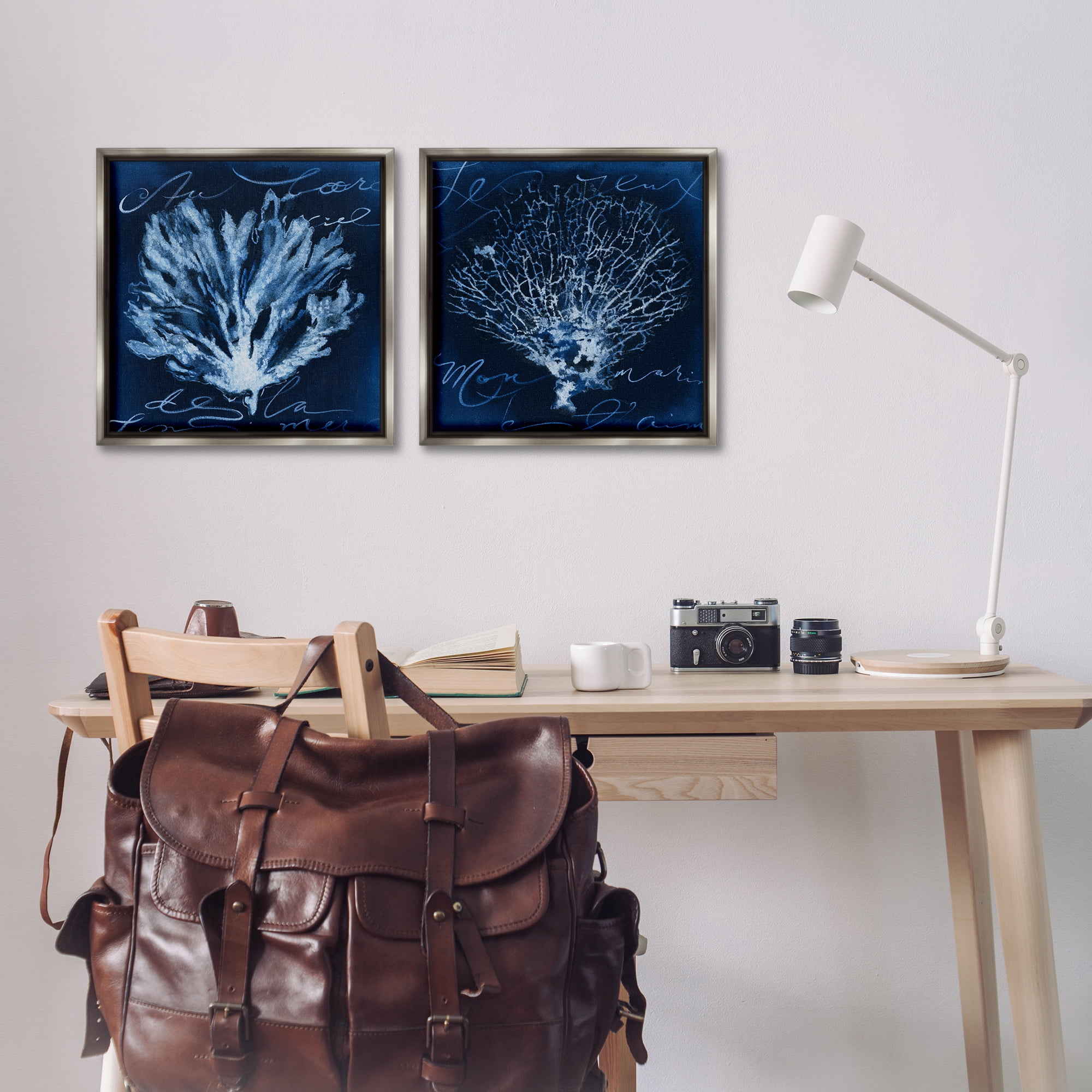 Stupell Industries Dark Blue Coral Pieces Nautical & Beach Painting Gray Floater Framed Canvas Art Print Wall Art, 18 x 18, Set of 2