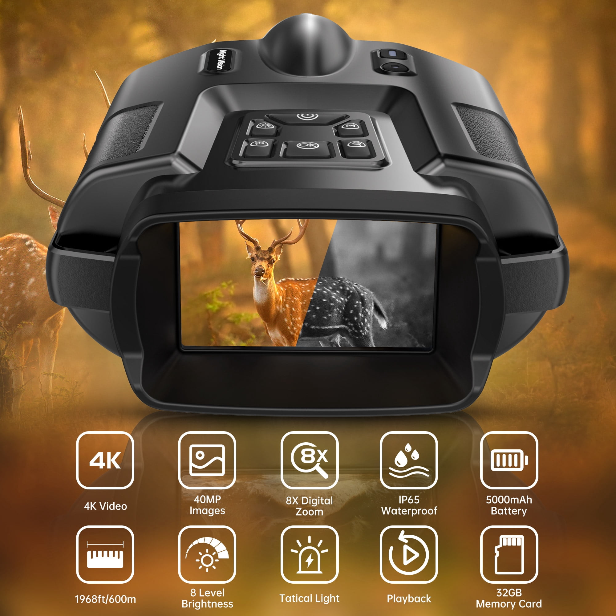 Ruaiok 4K Night Vision Binoculars, 8X Outdoor Night Vision Goggles for Adults Hunting & Camping, IP65 Waterproof and 5000mAh Rechargeable Battery