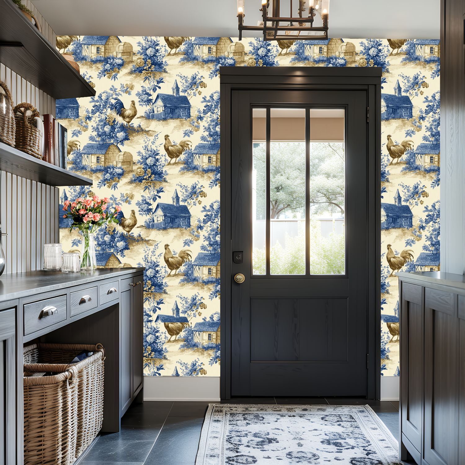 Peel and Stick Wallpaper 17.7in x 9.8ft Farmhouse Toile Roosters Cottages Blue Floral Motifs Contact Paper Vinyl Self-Adhesive Removable Wall Paper for Bedroom Kitchen Cabinet Renter Friendly