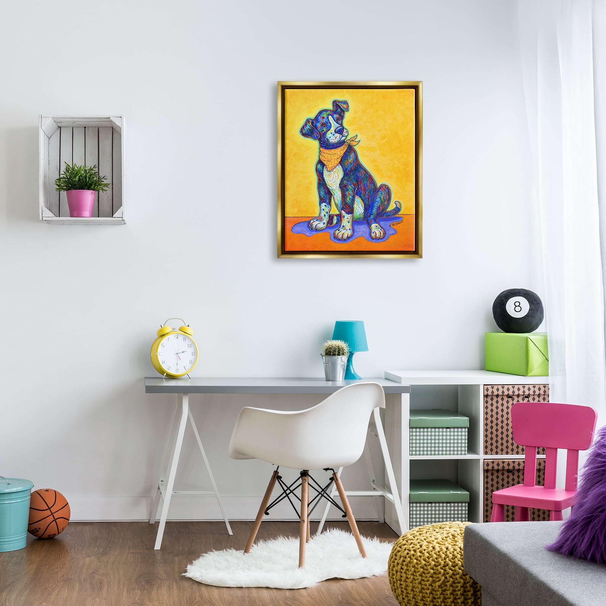Stupell Industries Blue & Yellow Abstract Dog Animals & Insects Painting Gold Floater Framed Art Print Wall Art, 25 x 31