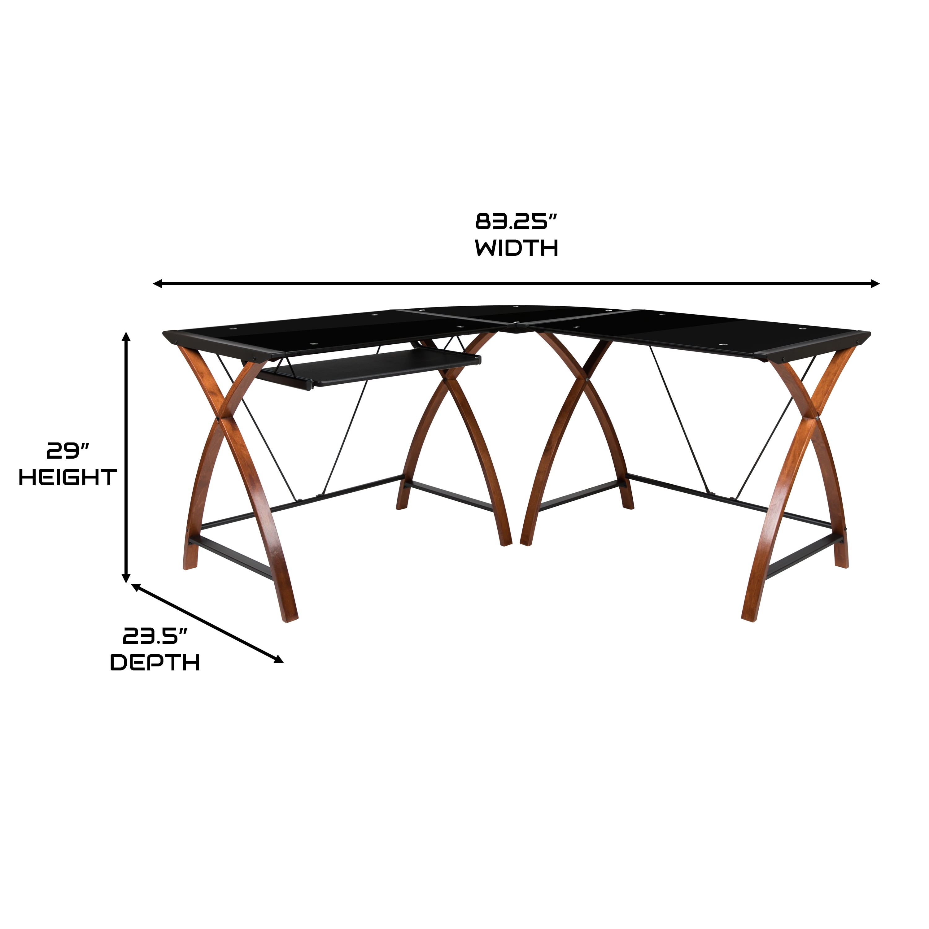 BlackArc L-Shaped Gaming Desk with Black Tempered Glass Surface and Crisscross Cherry Finished Legs - Sliding Keyboard Tray