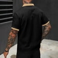 thumbnail image 4 of OIOLOYJM Men's Casual Short Sleeve Cable Knit Texture Polo Shirts Cotton Stretch V Neck Johnny Collared Tee Summer Vacation Travel Beach Lounge Golf Shirts Black L, 4 of 5