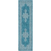 SAFAVIEH Courtyard Delbet Distressed Medallion Indoor/Outdoor Runner, 2'3" x 8', Teal/Ivory