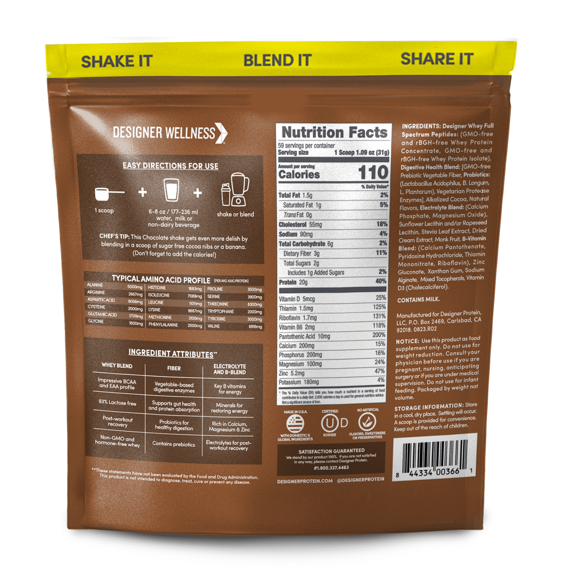 Designer Wellness, Designer Whey, Natural 100% Whey Protein Powder with Probiotics, Fiber, and Key B-Vitamins for Energy, Gluten-free, Non-GMO, Gourmet Chocolate, 4 lb