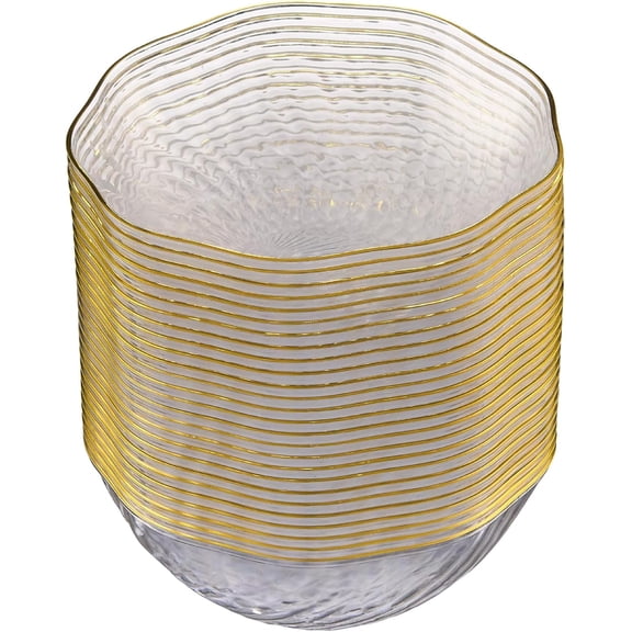 30 Pack Elegant Plastic Plates 14 ounce Bowls Clear with Gold Rim Spiral Design Disposable Plastic Dinner Bowls