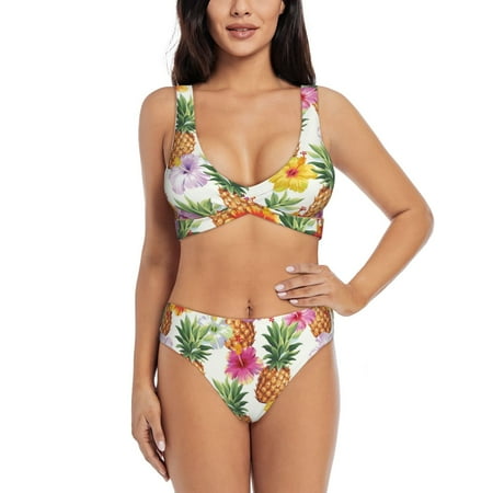 Zeuib Hawaiian Pineappl High Waisted Tummy Control Bikini Set - Knot Front Push Up Top & Cheeky Thong Bottom  Two-Piece Swimsuit for Women-Large