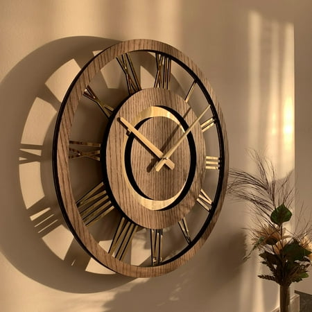 Modern Wall Clock with Gold Roman Numbers Battery Operated Silent Non Ticking Minimalist Design for Any Room 19.6 Inch Analog Wall Clock for Gift Decor Brown & Gold Color