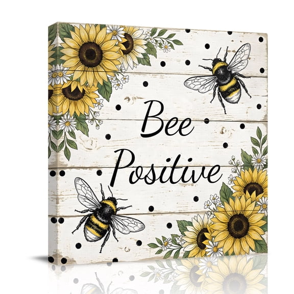 Bee Positive Canvas Wall Art for Living Room, Farmhouse Bee Animal Sunflower Daisy Wood Grain Poster Print Painting for Bedroom Office Home Decoration Wall Pictures Prepare To Hang 10"x10"
