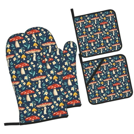 

Pofeuu Colorful Mushrooms Print Oven Mitts and Pot Holders 4 pcs Set High Heat Resistant 500 Degree Extra Thicken Long Kitchen Cotton Oven Glove for Cooking