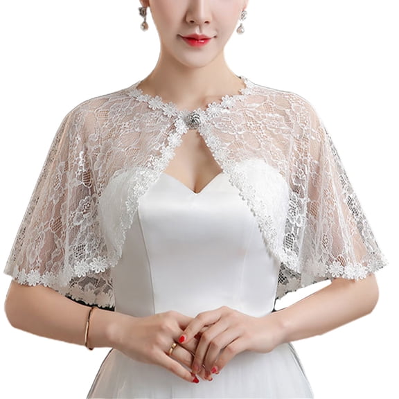 Womens Bridal Wedding Floral Lace Wrap Shawl Perspective Embroidery Prom Bolero Shrug for Rhinestone Buckle Open Front Stole Cape