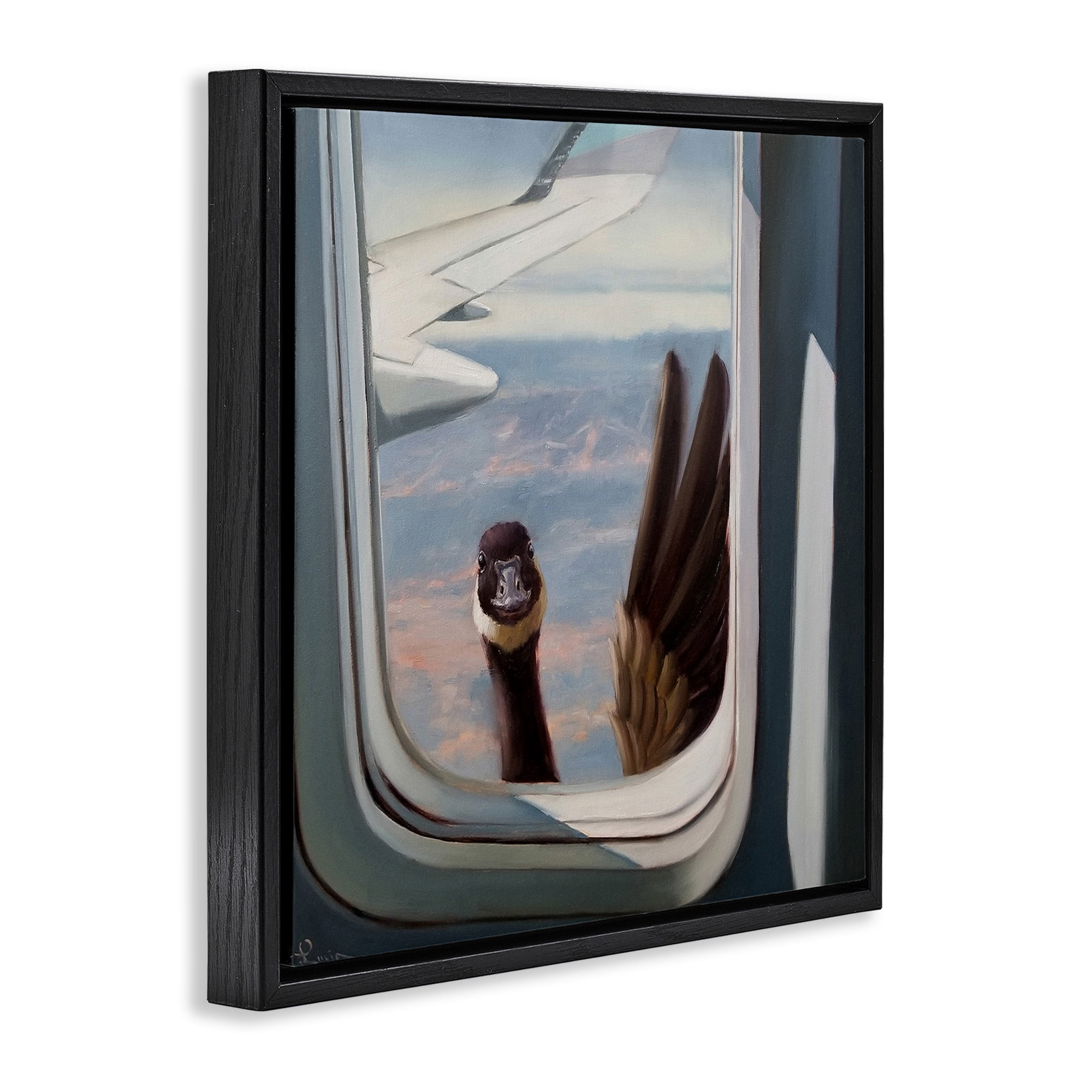 Stupell Industries Goose in Airplane Window Scene Animals & Insects Painting Black Floater Framed Canvas Art Print Wall Art, 25 x 25