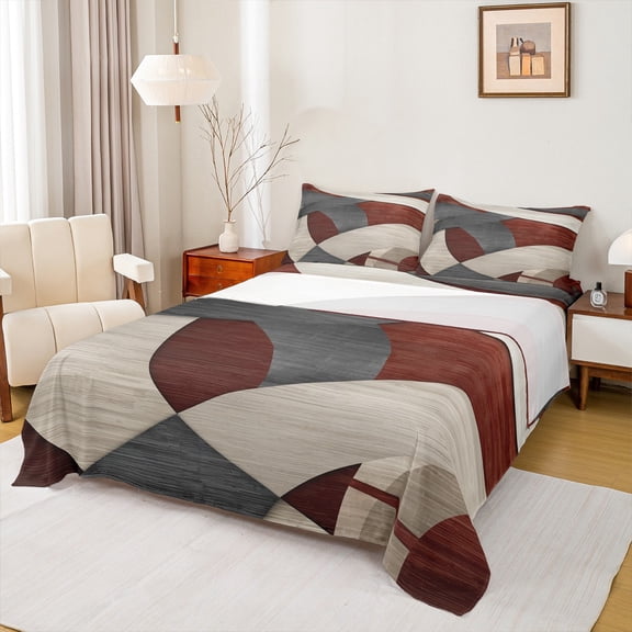 Manfei Mid Century Abstract Queen Sheet Sets 4 Pieces, Beige Gray Red Flat Sheet, Retro Geometric Queen Fitted Sheet, Ultra Soft Home Decor