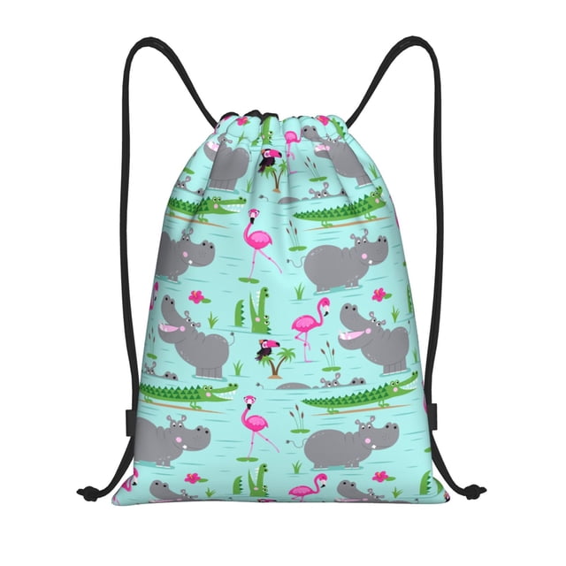 Xecao Hippo With Flamingos And Crocodiles Pattern Sports Drawstring Backpack - String Swim Gym Bag with Wet Proof Pocket for Women&Men-Medium
