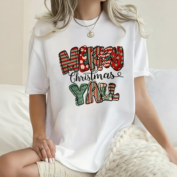 Merry Christmas Tshirt Merry Christmas Yall Print Short Sleeve Shirt for Women