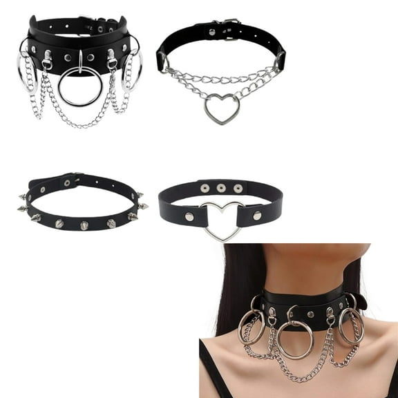 4Pcs Steampunk Gothic Choker Necklace Set, Heart Shaped Punk Rock Studded Adjustable Collar, Black PU Leather Chokers for Women Halloween Cosplay Club Party