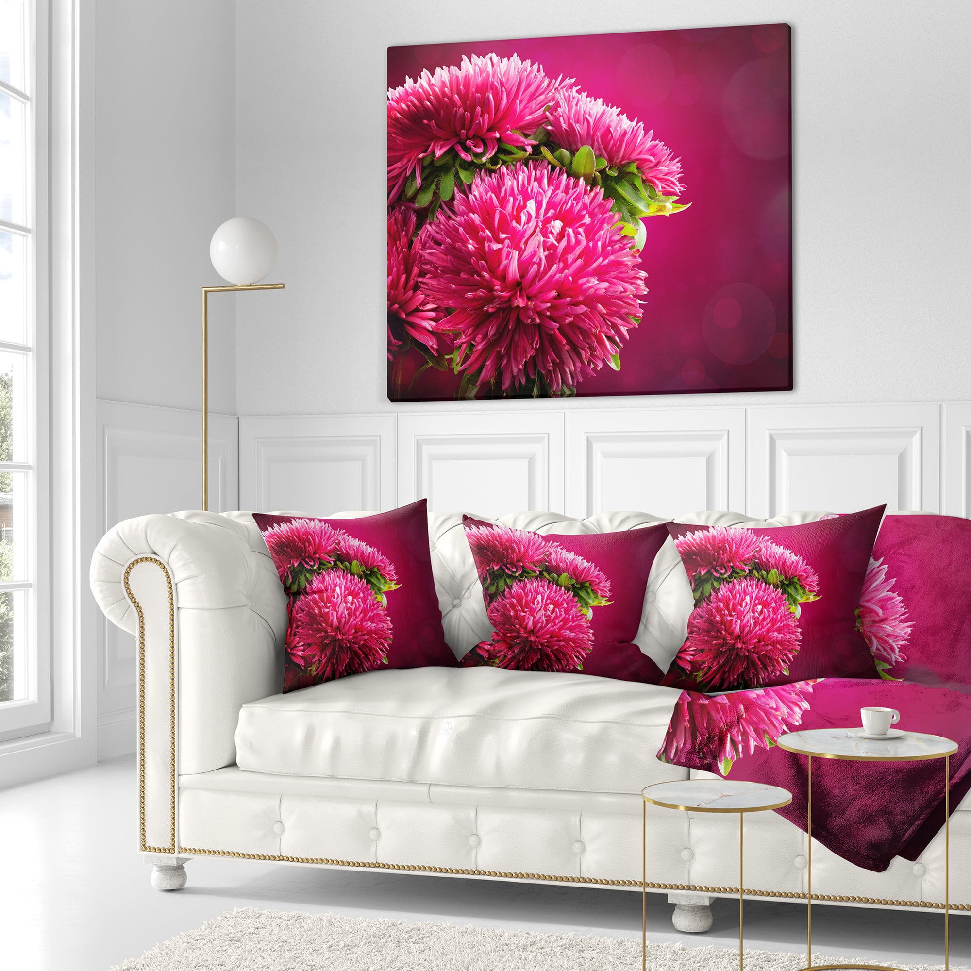 Designart Pink Flowers of Asters on Red - Flowers Throw Pillowwork - 18x18
