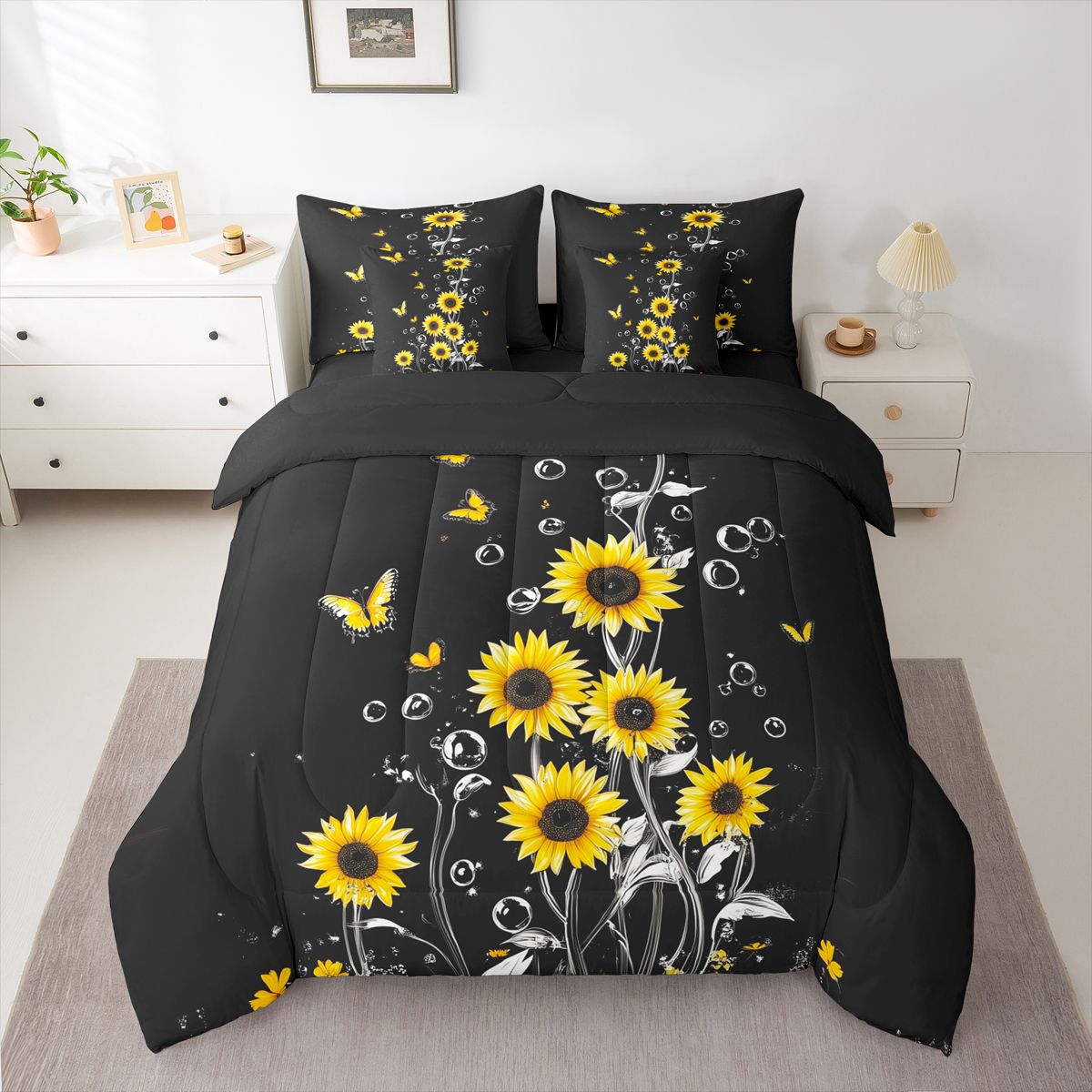 Homewish Country Sunflower Flower 7-Piece Bedding Comforter Set,Cute Cartoon Butterfly King Bedding Sets,Yellow Black Bed Sheets For Girls Kids,Breathable Home Decor Reversible
