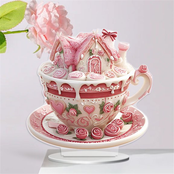 2D Christmas Gingerbread House Decor with Snowman Candy Canes for Tabletop Centerpiece (Pink) Home Decor