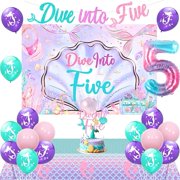 Mermaid 5th Birthday Decors Girl, Dive Into Five Party Decorations Backdrop Banner Mermaid Table Cloth Cover Cake Topper Number 5 Foil Balloons for Girls 5 Year Old Birthday Party