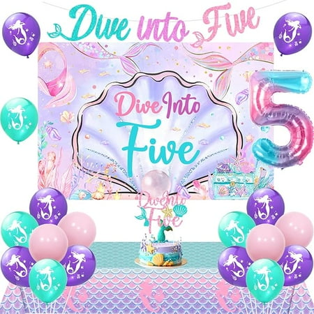 Mermaid 5th Birthday Decors Girl, Dive Into Five Party Decorations Backdrop Banner Mermaid Table Cloth Cover Cake Topper Number 5 Foil Balloons for Girls 5 Year Old Birthday Party