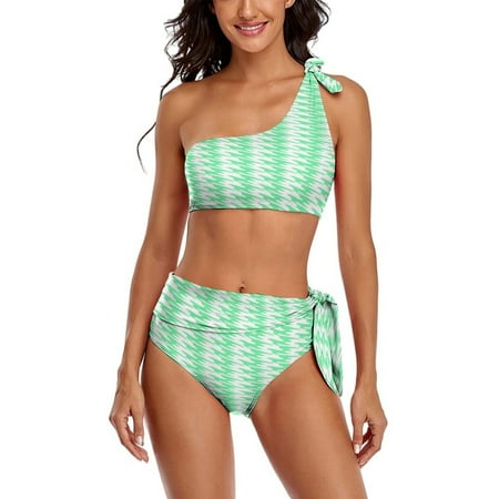Aesthetic Sage Green And White Ripple One Shoulder Bowknot Swimsuit Two Piece Swimsuit Knot Crop Top Bikini High Waisted Bathing Suit