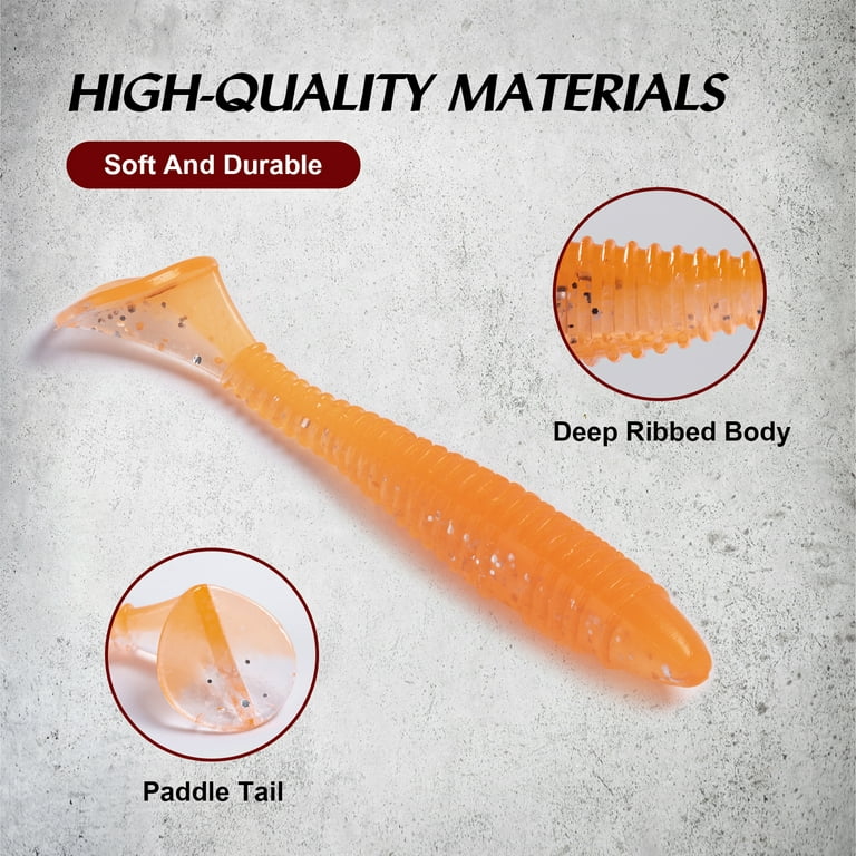 Goture Threaded T-tail soft bait Soft Fishing Lures Paddle Tail Swimbaits  Soft Plastic Lures Kit For Bass Trout 20pcs orange