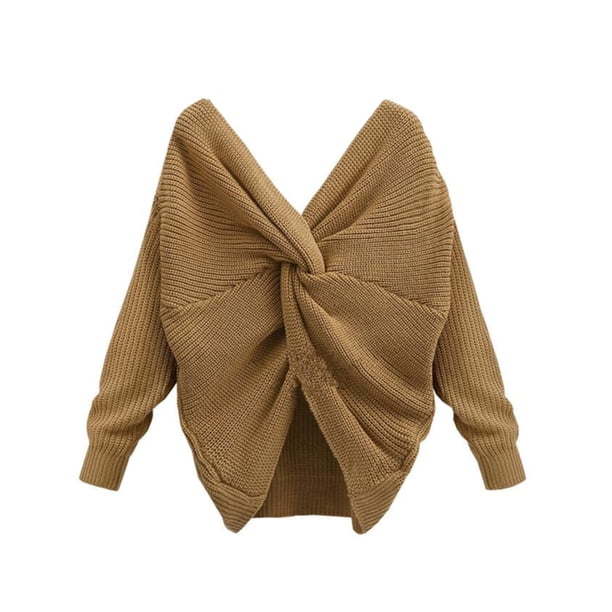 Suéter de mujer con cuello en V y espalda anudada, manga larga, algodón, camisa que hace punto, de color caqui Vogacara AP001350-04