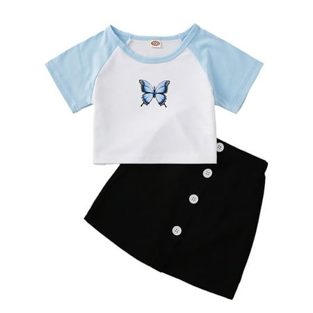 

Mxiqqpltky Toddler Girls Top Skirt Set Kid Butterfly Short Sleeve T-Shirt Top and Button Down Skirts