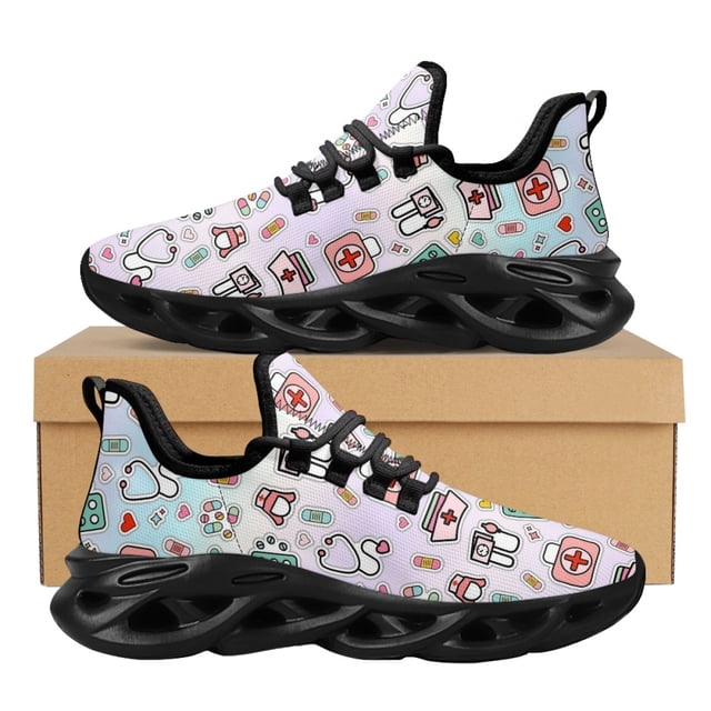 Zapatos de enfermería para trabajo hospitalario, ligeros, con cordones y amortiguación de malla, zapatillas para mujer con estampado de herramientas médicas en degradado, punta redonda, tenis de moda