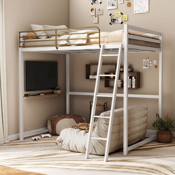 Furniture of America Metal Full Loft Bed with Guardrails, White and Gold Two-Tone Finish