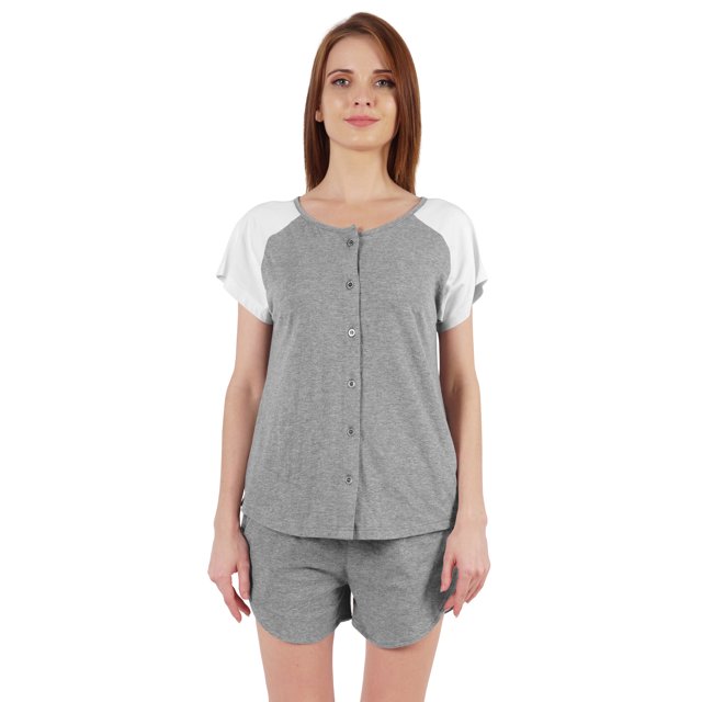 Inkmeso Solid 2 Pc Nightwear Set For Women Raglan Sleeves Button-Down Top & Shorts Sleepwear-18