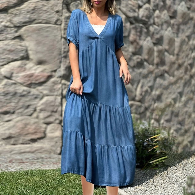 LOVZFMLL Robe Décontractée d'Été pour Femmes à Manches Courtes, Col Rond, Bleu Foncé, 5TG