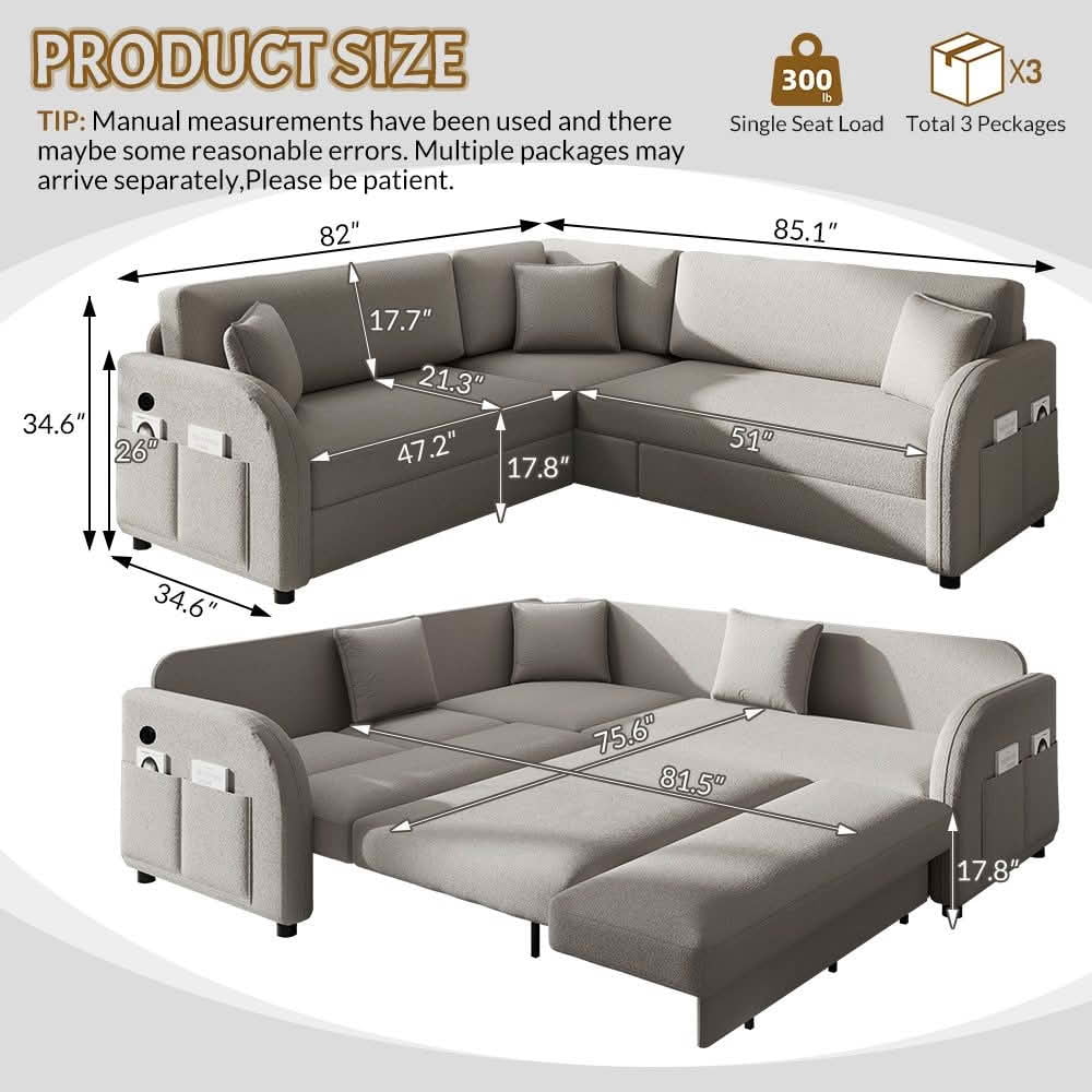 MAYEERTY 85.1" L‑Shaped Convertible Sleeper Sofa Bed, Sherpa Fleece Sectional Couch with Pull‑Out Bed, Side Pocket and USB Port