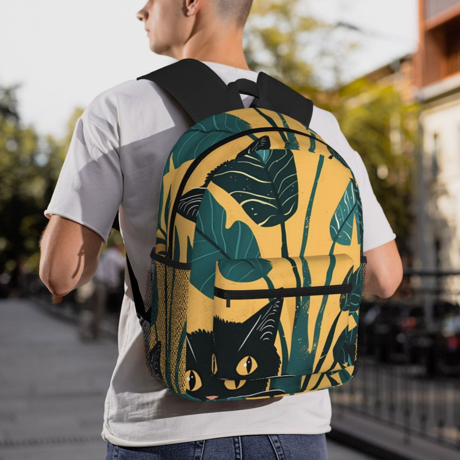 Gukieu Cat Hiding In Potted Plants Print Backpack, Waterproof Backpack with Adjustable Shoulder Straps, Suitable for Campus, Business, Travel, Unisex