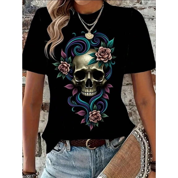 Women's Black Gothic Rose & Skull Graphic T-Shirt