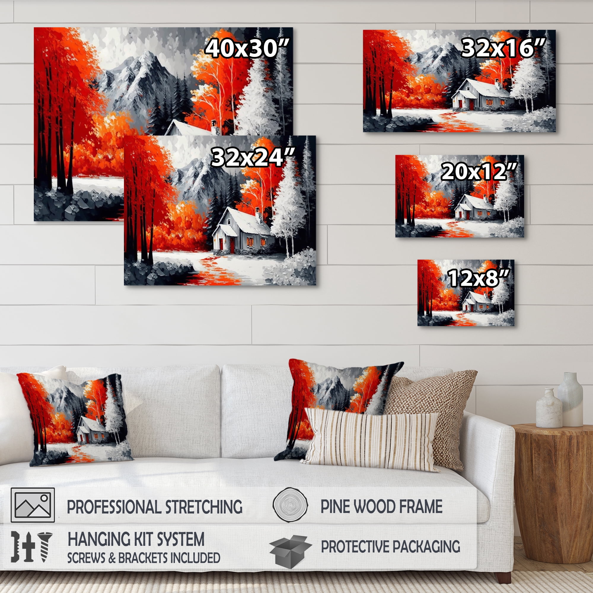 Designart Monochrome Orange Cottage In Winter II Canvas Wall Art