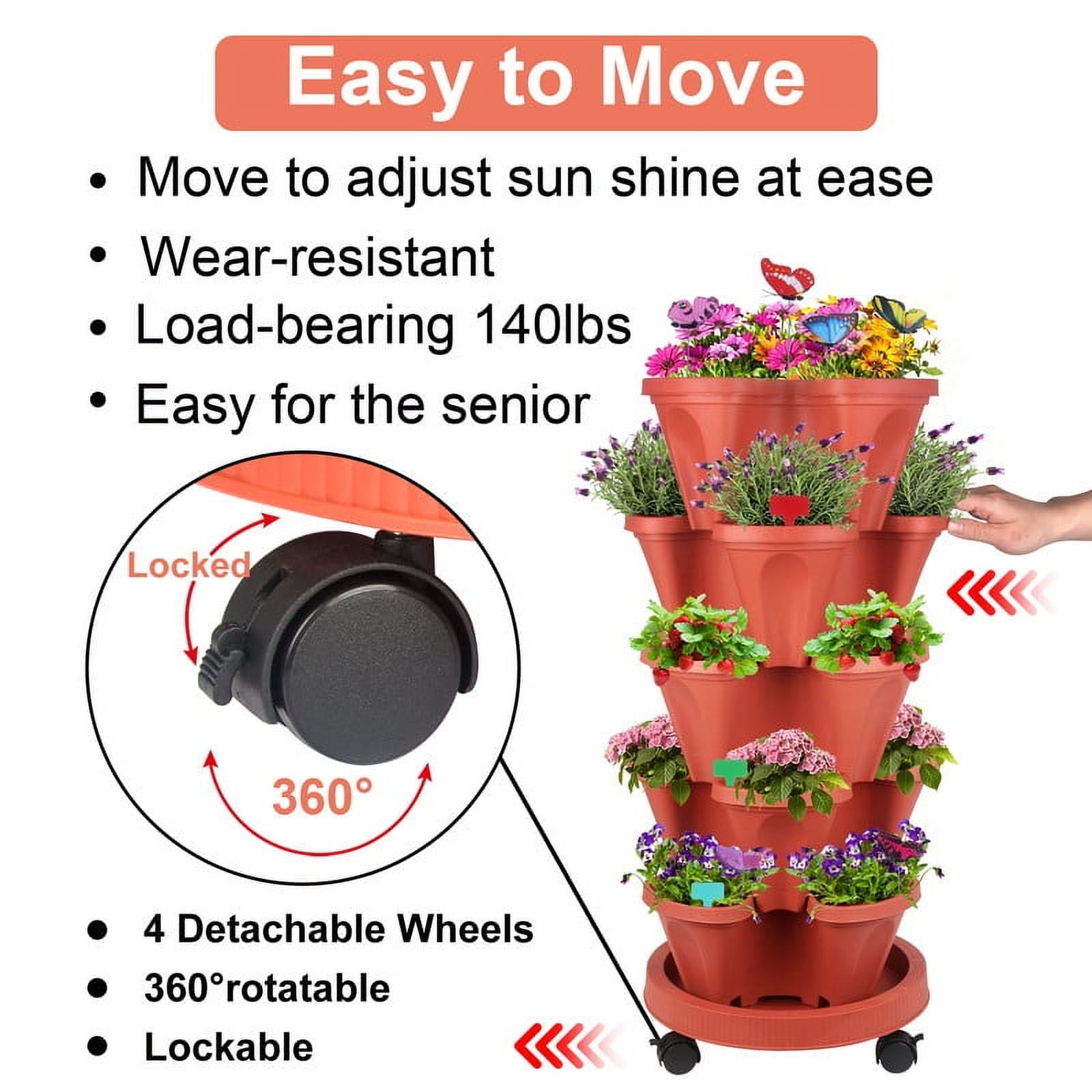 2 Pack of 5 Tier Stackable Planter Vertical Garden With Various Accessories for Vegetables, Flowers, Herbs, Succulents, Microgreen Gardening - Red