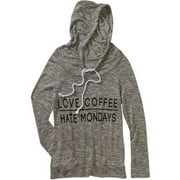 Juniors' Cowl Neck Love Coffee Hate Mondays Hacci Banded Bottom Hoodie