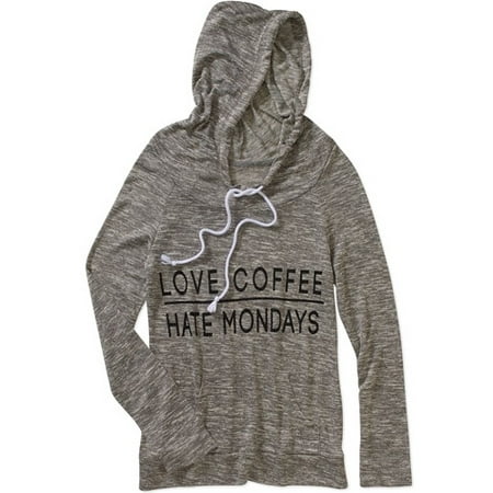 Juniors' Cowl Neck Love Coffee Hate Mondays Hacci Banded Bottom Hoodie