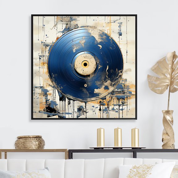Designart "Melody of White and Blue Vinyl Records" Fashion Framed Wall Art - Blue Vinyl Records Living Room Framed Canvas Art