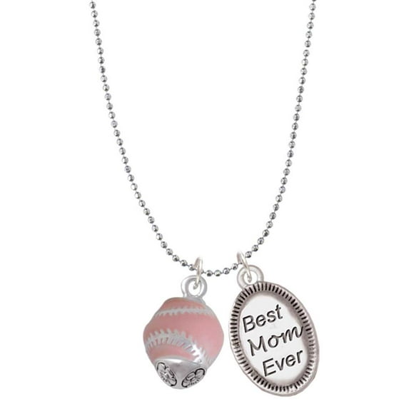 Delight Jewelry Silvertone Pink Softball with Stitching Spinner Best Mom Ever Charm Necklace