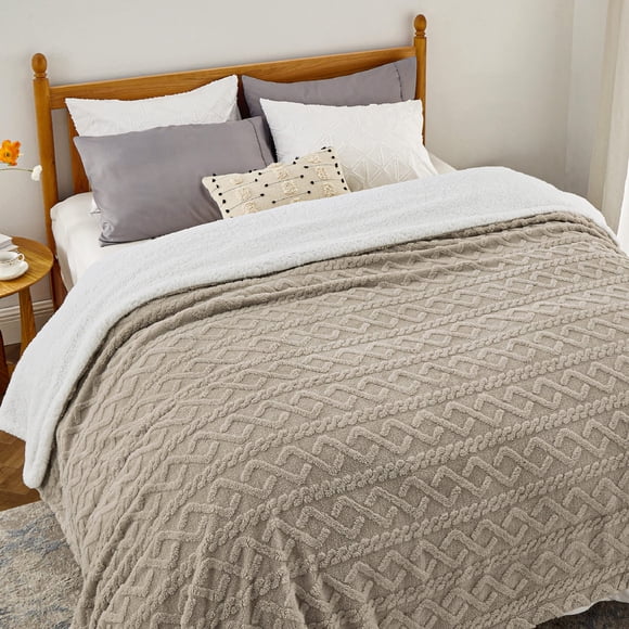 Manta de cama Sherpa tamaño queen, color beige, 230 x 230 cm, para invierno