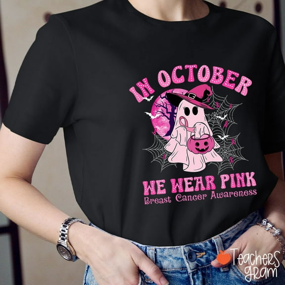 In October We Wear Pink Ghost Pumpkin Teacher T-Shirt, Breast Cancer Awareness Halloween Tee, Cute Fall Shirt for Educators, Spooky Pink Top