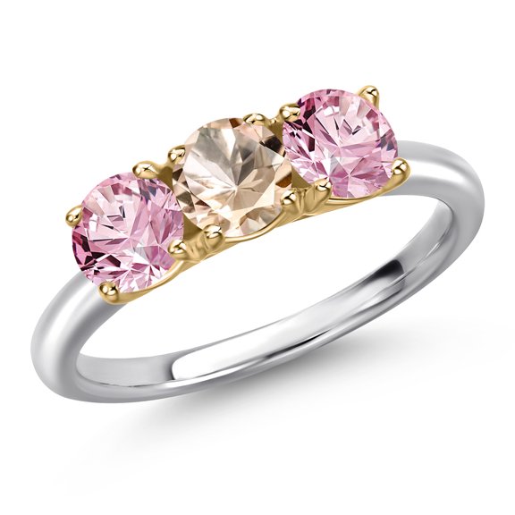 Gem Stone King 10K Two Tone Gold Peach Morganite and Pink Lab Grown Diamond Engagement Ring for Women | 1.40 Cttw | Round 5MM | Gemstone October Birthstone | Size 6