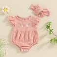 thumbnail image 2 of Bagilaanoe Newborn Baby Girl Summer Rompers Flower Embroidery Fly Sleeve Bodysuits + Headband 3M 6M 9M 12M Infant Summer One Piece Jumpsuit, 2 of 8