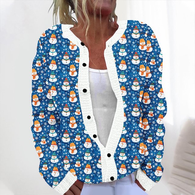 Cárdigan informal de punto con estampado navideño para mujer, chaqueta con botones y abrigo para mujer
