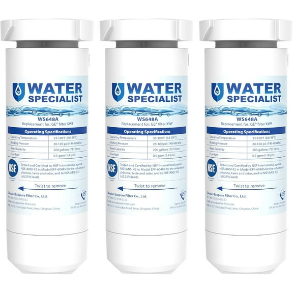 Waterspecialist WS648A Replacement for GE® XWF, NSF Certified Refrigerator Water Filter, 3 Filters (Not XWFE®)